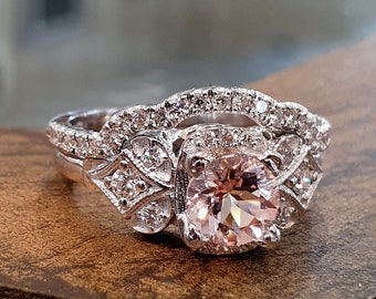 Unique Vintage Engagement Ring Set Pink Morganite White Diamonds 14k White Gold