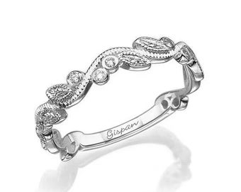 14K White Gold Leaf Band – Dainty Diamond Wedding Ring, Nature-Inspired Stacking Ring, Conflict-Free Diamond Band, Unique Bridal Jewelry