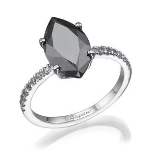 Marquise Black Diamond Engagement Ring white gold with white diamonds, Engagement Band, Solitaire ring, Antique Ring, Vintage Ring