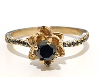 Flower Ring Black Diamond Engagement Ring 14k Yellow Gold