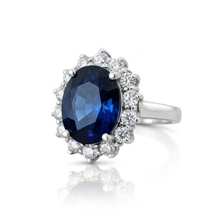 Princess Diana Sapphire Halo Ring 4CT Oval Cut : 9K White Gold, Lab Diamond Accent image 4