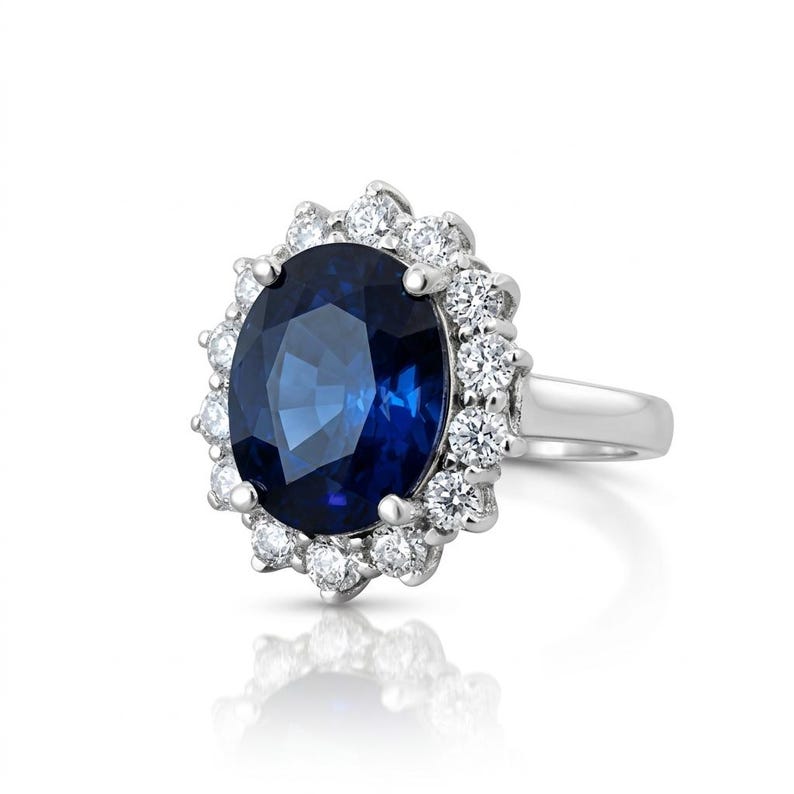 Princess Diana Sapphire Halo Ring 4CT Oval Cut : 9K White Gold, Lab Diamond Accent image 4