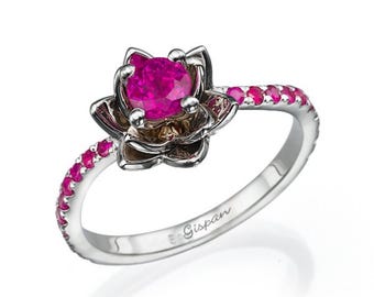 Ruby Flower Engagement Ring 14K White Gold Natural Ruby Ring Lotus-Inspired Floral Ring Unique Fine Jewelry