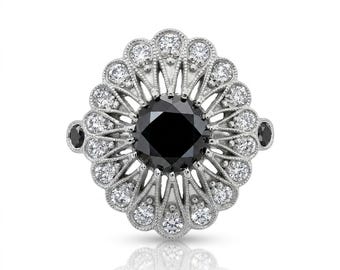 Vintage Black Diamond Engagement Ring, 14K White Gold, 1.5CT Center Stone, White Diamonds