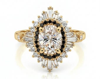 Art Deco Oval Diamond Engagement Ring, 14k Yellow Gold, Baguette & Round Diamonds