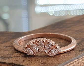 Marquise Diamond Wedding Ring, Solid 14k Rose Gold Marquise, Stackable Band, Promise Ring, Multistone Ring, Birthday Gift for Her