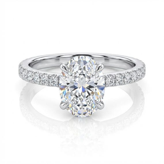 Oval Lab Grown Diamond Engagement Ring, 14k White Gold, Diamond Accents