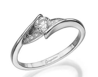 Engagement Ring In 14k White Gold With Diamonds, Curved Ring, Twist Ring, Women Engagement Ring, Wedding Ring, Promise Ring