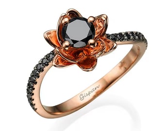 Flower Black Diamonds Ring 14k Rose Gold Band Unique Engagement Anniversary Promise Statement Ring