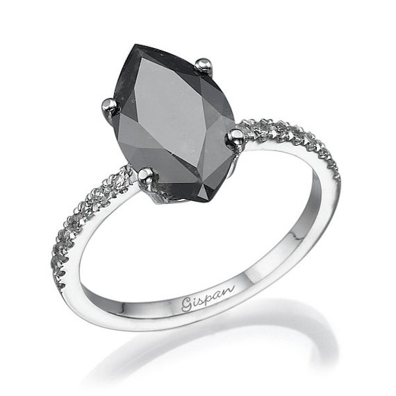 Big 5.19 Carat Emerald Cut Natural Black Diamond Engagement Ring With 2  Lines of Colorless Diamonds, Each Side and Diamond Halo, 14k Gold -   Israel
