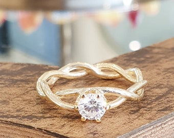 Infinity 0.40Ct Diamond Engagement Ring 14k Yellow Gold Braided Band, 6 Prongs Ring, Art Deco Ring, Wedding Ring For Women