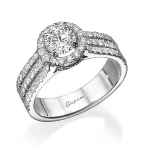 Halo Engagement Ring 14K White Gold Diamond Ring Round Cut Center Triple Row Pave Band Luxury Bridal Jewelry