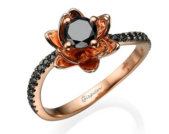 Flower Black Diamond Engagement Ring 14K Rose Gold