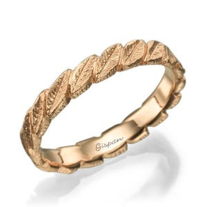 14k Rose Gold Leaf Wedding Band: Unique Matte Texture Ring