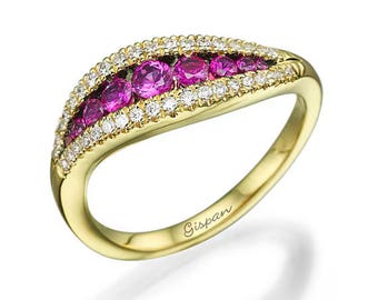 Ruby And Diamonds Ring 14k Solid Yellow Gold Unique Anniversary Promise Wedding Ring For Women