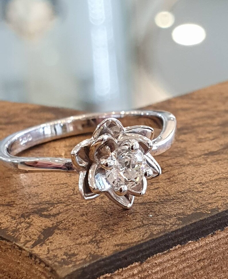 Flower Engagement Ring 14k White Gold Diamond Ring Floral Etsy