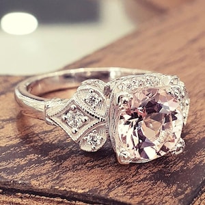 Vintage Engagement Ring Pink Morganite 14k White Gold, Unique Engagement Ring For Women, Art Deco Ring
