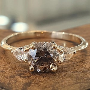 Engagement Ring 1.00Ct Champagne Diamond And Two Drop Diamonds 14k Gold Ring