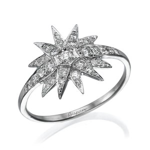 Unique Diamond Ring Star Design White Gold With Diamonds, Star Ring, Engagement Ring, Art Deco Ring, Wedding Ring, , Gift, Sale, Christmas