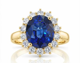 Princess Diana Inspired Ring 4 CT Oval Blue Sapphire & Diamond Halo 14K Yellow Gold Royal Vintage Engagement Ring Gift for Her