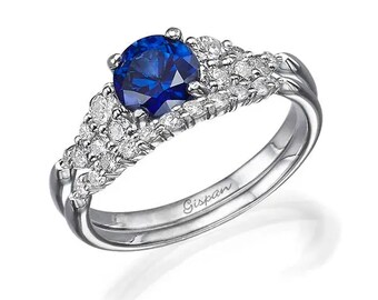 Saffier verlovingsring, blauwe saffierring, verlovingsset, witgouden set ringen, antieke verlovingsring, trouwringset, bruidsset