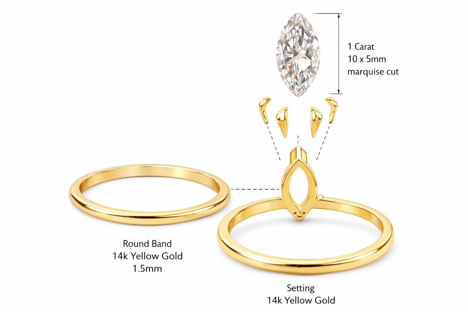 Bague Diamant Marquise En Or Jaune 14 Carats - Taille 10, Diamant Naturel Blanc - Occasion En Excellent état