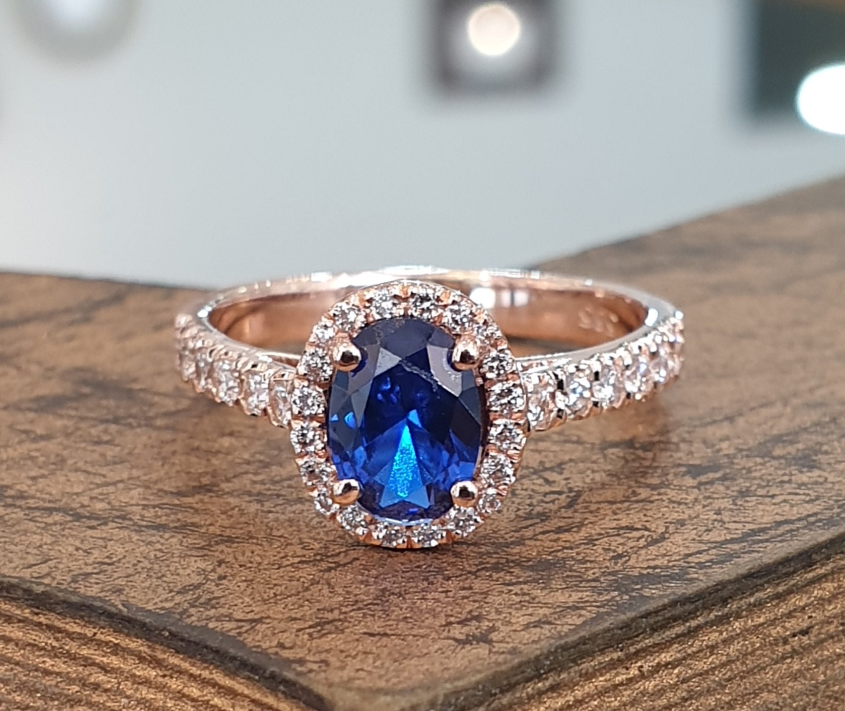 Rose Gold Engagement Ring Blue Sapphire And Diamonds Gemstone | Etsy