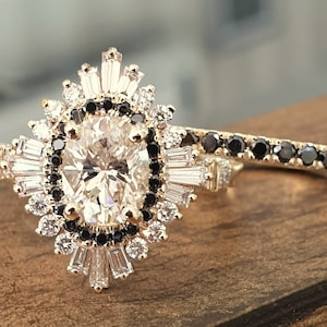 Unique Engagement Ring 1ct Oval Diamond White&Black Diamonds Engagement Rings Art Deco Wedding Rings