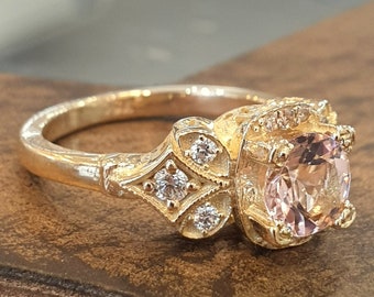 Handmade jewelry Vintage Engagement Ring 1ct Pink Morganite White Diamonds 18k Yellow Gold