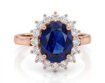 Sapphire Engagement Ring 4ct Oval Sapphire White Diamonds 14k Rose Gold