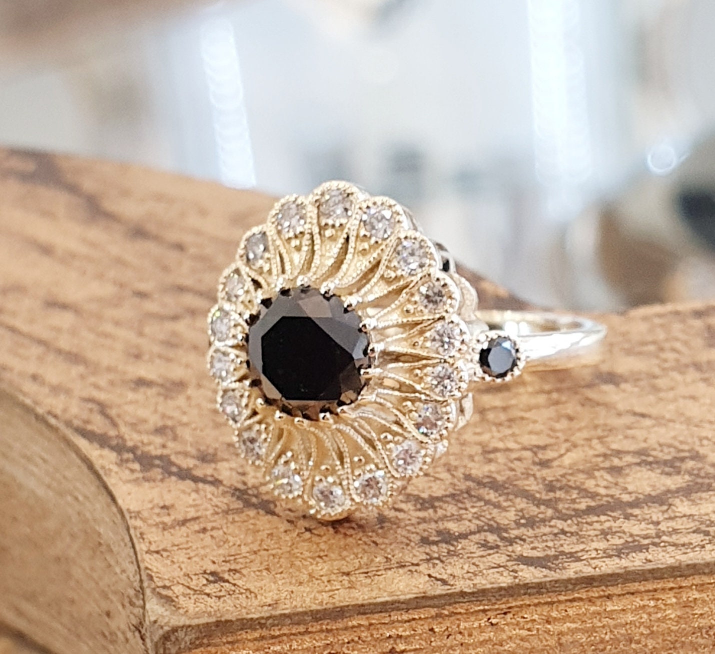 Vintage Engagement Ring Black White Diamonds 14k Yellow Gold | Etsy