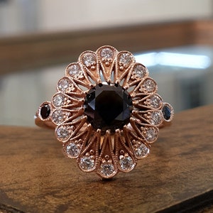 Unique Engagement Ring Black Diamond White Diamonds 14k Rose Gold