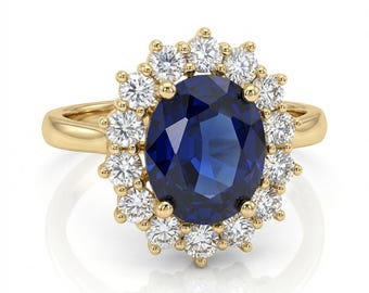 5ct Oval Blue Sapphire Ring 14k Yellow Gold White Sapphire Anniverary Wedding Gift For Her