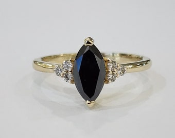 Marquise Black Diamond Ring 14k Yellow Gold White Diamonds Engagement Promise Wedding Ring For Women