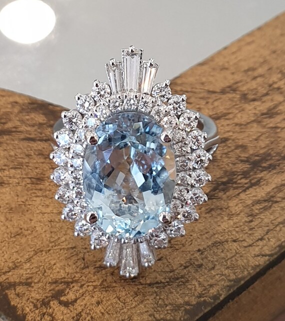 Art Deco Aquamarine Ring Solid White Gold Natural Diamonds Oval