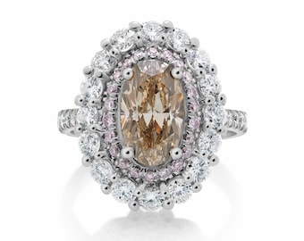Oval Fancy Diamond Halo Engagement Ring, Pink & White Diamonds, 18k White Gold
