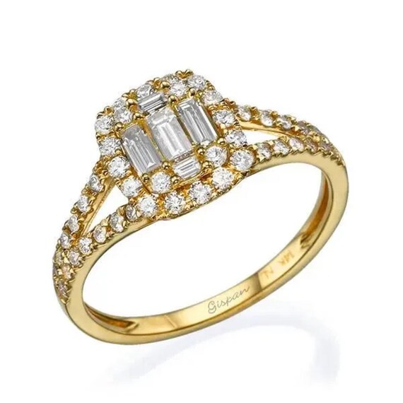 Baguette Diamond Engagement Ring 14K Yellow Gold Halo Ring Split Shank Design Unique Cluster Bridal Ring Art Deco Inspired