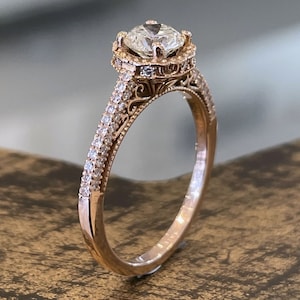 Engagement Ring Vintage Rose Gold Diamond 0.80 F-Vs2 Unique Diamond Band Antique Engagement Filigree Victorian Ring