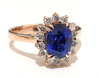 Princess Diana Ring 18K Rose Gold Oval Blue Sapphire And Natural Diamond Engagement Anniversary Gift For Her