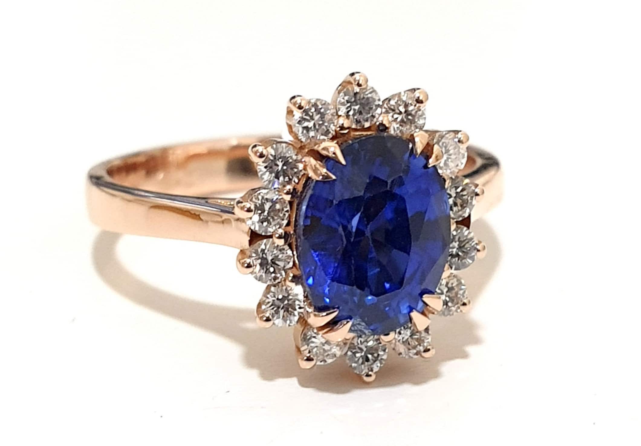 Princess Diana Ring 18K Rose Gold Oval Blue Sapphire and Natural