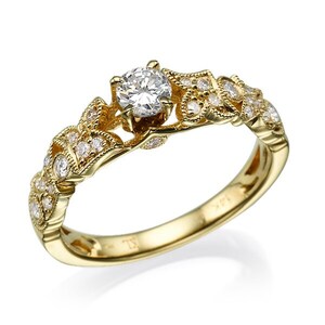 Antique Engagement Ring, 14k yellow gold ring,  Woman Diamond Ring,  Leaf Ring, Engagement Jewelry, Design Ring