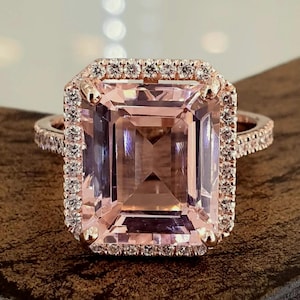 7 kt roze morganiet smaragd geslepen verlovingsring natuurlijke diamanten roségouden verlovingsring