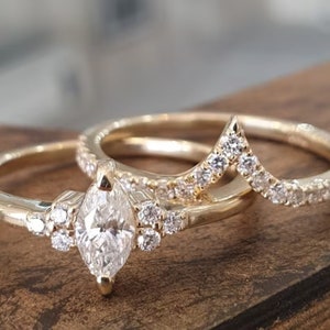 Wedding Ring Set Marquise Diamond Engagement Ring Matching Band 14k Yellow Gold Bridal Set