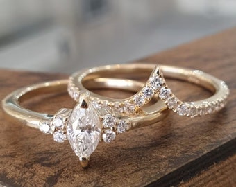 Wedding Ring Set Marquise Diamond Engagement Ring Matching Band 14k Yellow Gold Bridal Set
