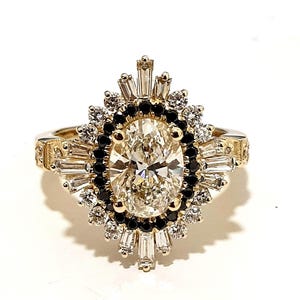 Art deco Engagement Ring 1ct Oval Diamond 14k Yellow Gold baguette And Round White&Black Diamonds