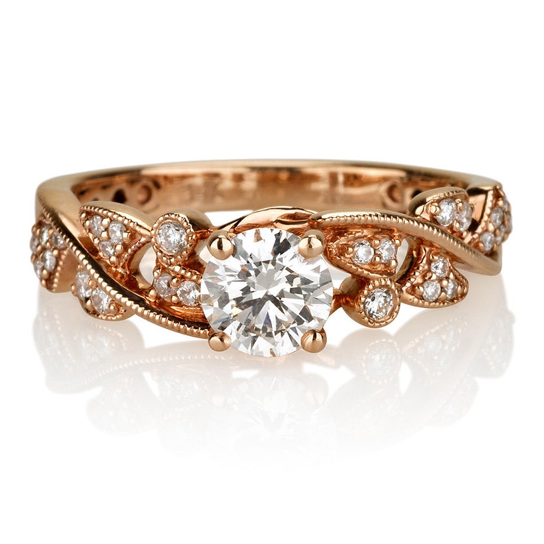 Rose Gold Leaf And Diamond Engagement Ring Anniversary Promise Rings For Women image 2