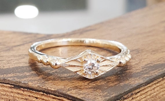 Antico anello di fidanzamento in oro giallo 14k anello di