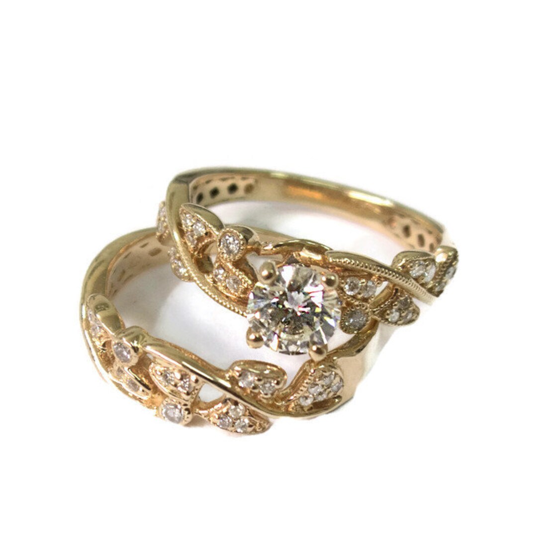 Leaves Engagement Set Yellow Gold 14k Wedding Set Antique Ring