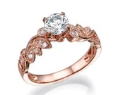 Leaf Engagement Ring Rose Gold Diamond Band Custom Jewelry For Women, Art Deco Ring, Promise Ring, Wedding Ring, Anniversary Ring