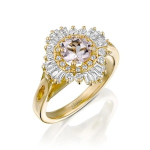 Morganite Engagement Ring 14K Yellow Gold Vintage Diamond Ring, Baguette Cut Halo, Unique Wedding Jewelry, Anniversary Gift